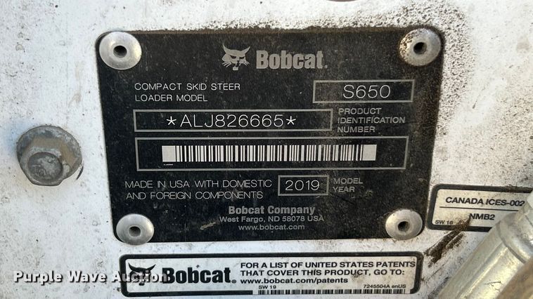 image for item ET3213 2019 Bobcat S650 skid steer loader