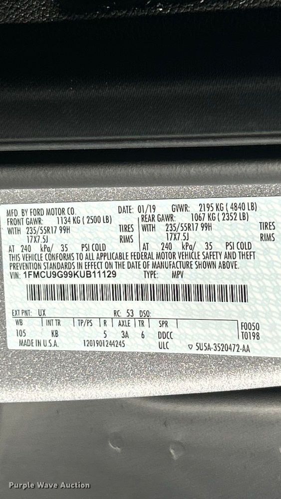 image for item ET3216 2019 Ford Escape SE SUV