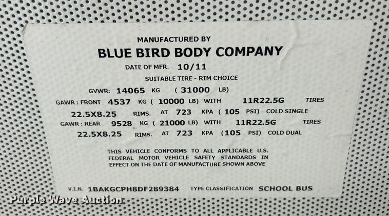 image for item ET3248 2013 Blue Bird Vision school bus