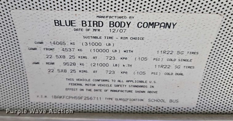 image for item EU3770 2009 Blue Bird Bb Conventional school bus