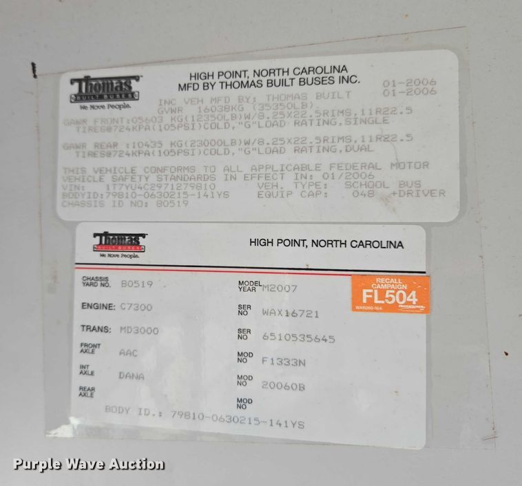 image for item EU3808 2007 Thomas Built Saf-T-Liner HDX school bus