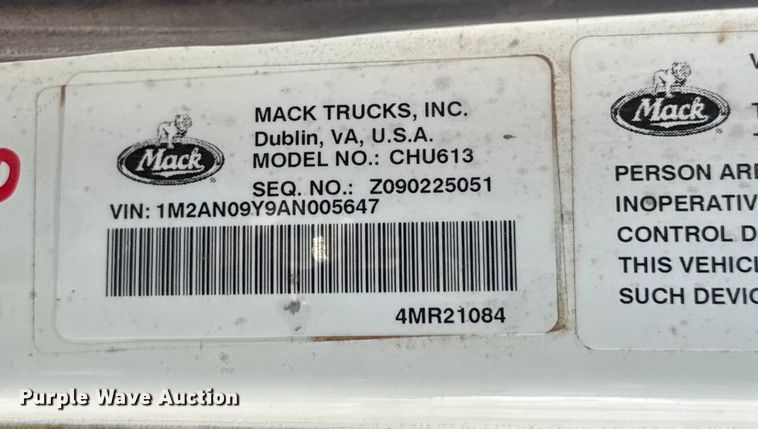 image for item EU5020 2010 Mack CHU613 dump truck