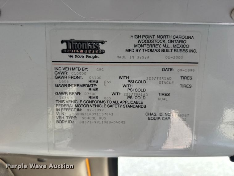 image for item EU6098 2001 Thomas Built 040MS school bus