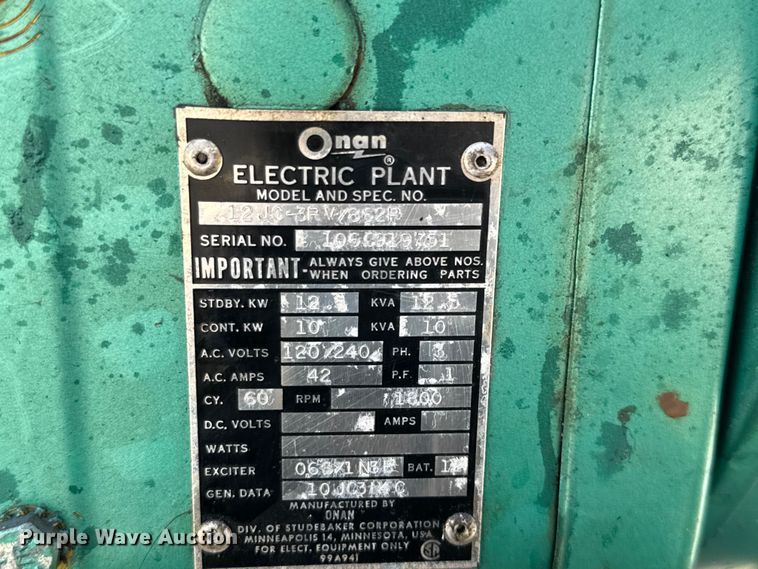 image for item EV1910 Onan 12JC-3RV/862P generator