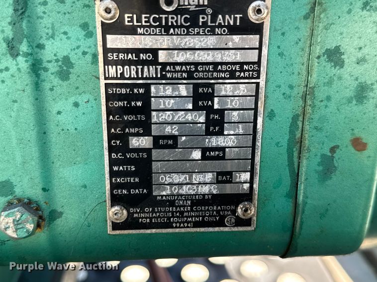 image for item EV1910 Onan 12JC-3RV/862P generator