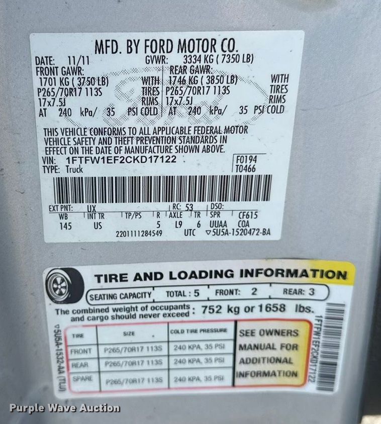 image for item OJ9930 2012 Ford F150 SuperCrew pickup truck