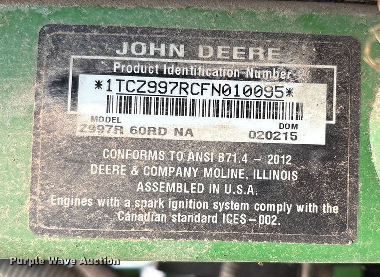 image for item DV5002 2015 John Deere Z997R ZTR lawn mower