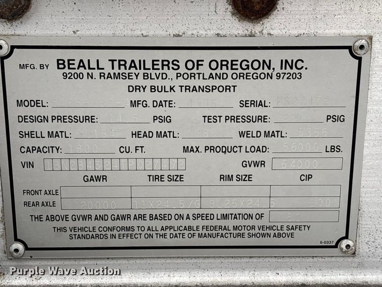 image for item ET4662 1996 Beall BAPS-180-4 pneumatic dry bulk trailer