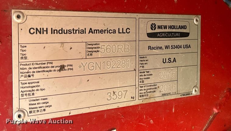 image for item YA1242 2016 New Holland Roll-Belt 560 Specialty Crop round baler