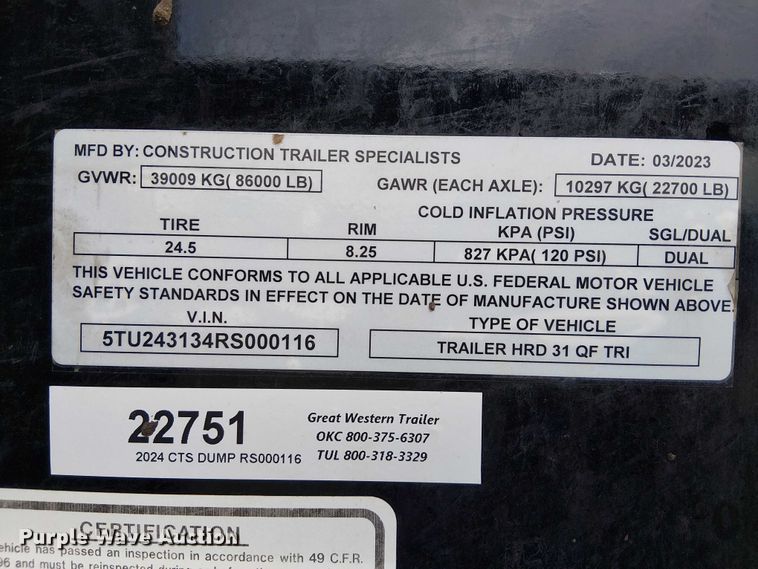 image for item DJ7837 2024 Construction Trailer Specialist end dump trailer