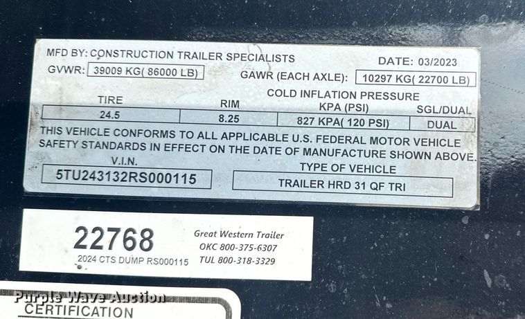 image for item DJ7839 2024 Construction Trailer Specialist end dump trailer