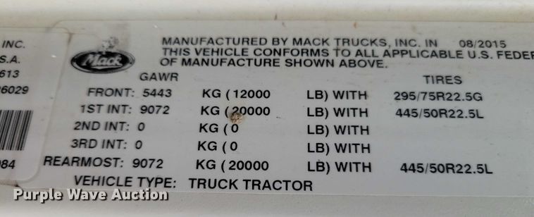 image for item DZ6608 2016 Mack CXU613 semi truck