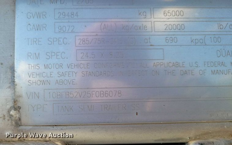 image for item DZ6640 2005 Brenner Tank LLC tank trailer