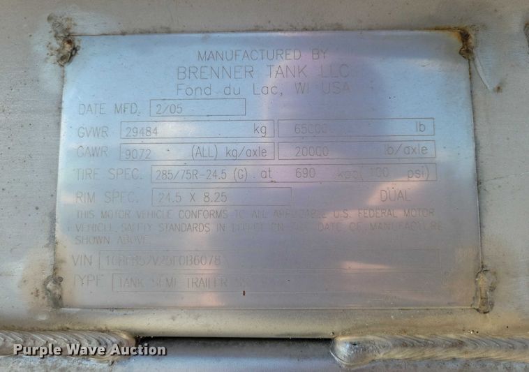 image for item DZ6640 2005 Brenner Tank LLC tank trailer