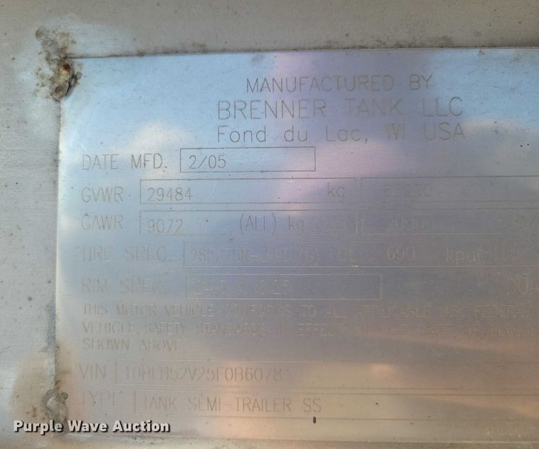 image for item DZ6640 2005 Brenner Tank LLC tank trailer