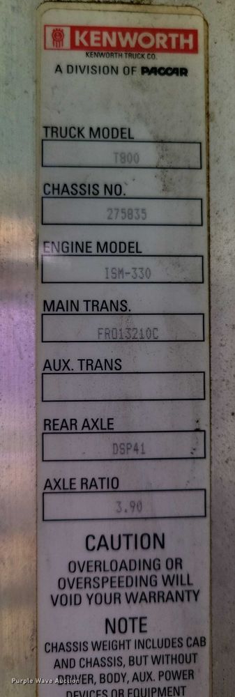 image for item DZ6643 2010 Kenworth  T800 truck cab and chassis