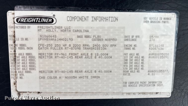 image for item EC3850 2001 Freightliner FL80 flatbed truck