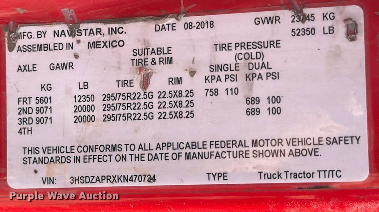 image for item ED5917 2019 International LT625 semi truck