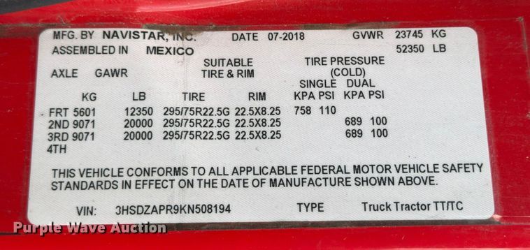 image for item ED5918 2019 International LT625 semi truck