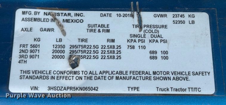 image for item ED5919 2019 International LT625 semi truck