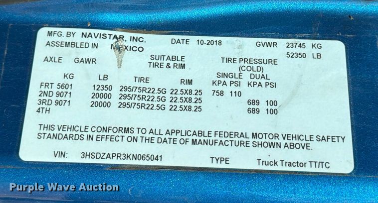 image for item ED5920 2019 International LT625 semi truck