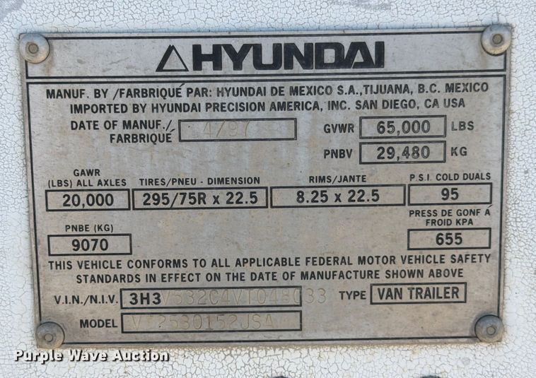 image for item ED5921 1997 Hyundai VT2530152JSA dry van trailer