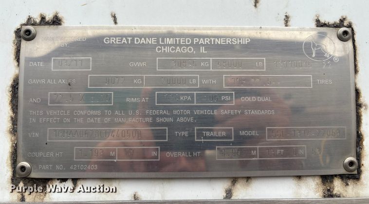 image for item ET8555 2012 Great Dane SSL-1314-22053 dry van trailer