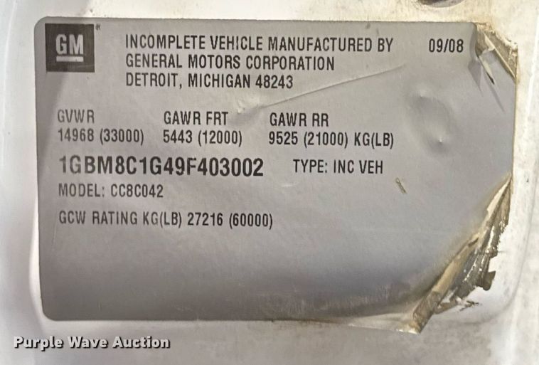 image for item EU2165 2009 Chevrolet C8500 truck cab and chassis