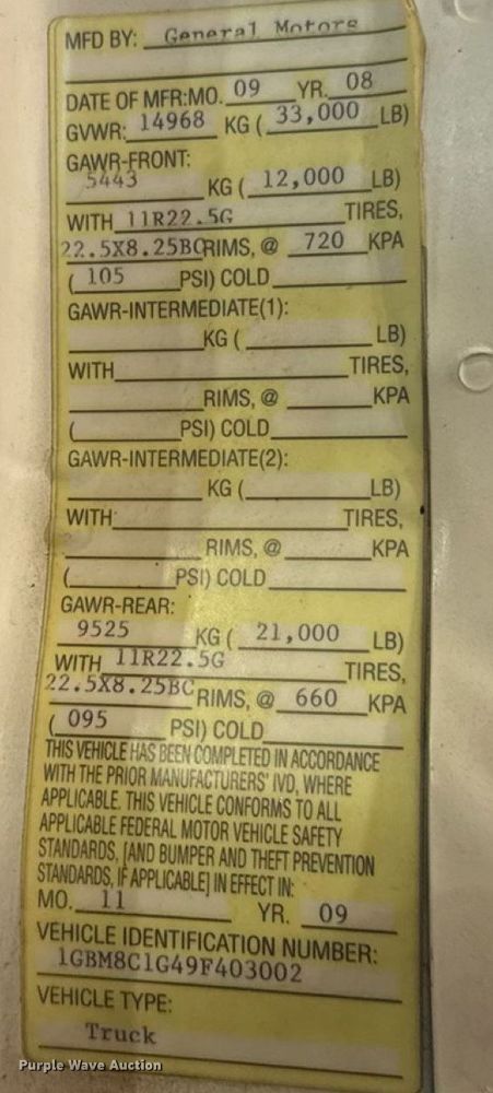 image for item EU2165 2009 Chevrolet C8500 truck cab and chassis