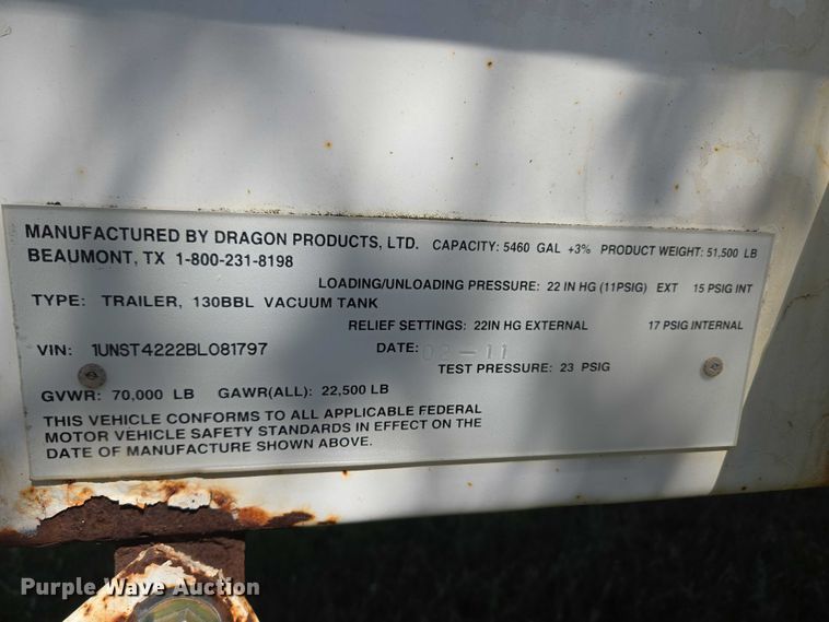 image for item EU3835 2011 Dragon Products, LTD 130BBL vacuum trailer