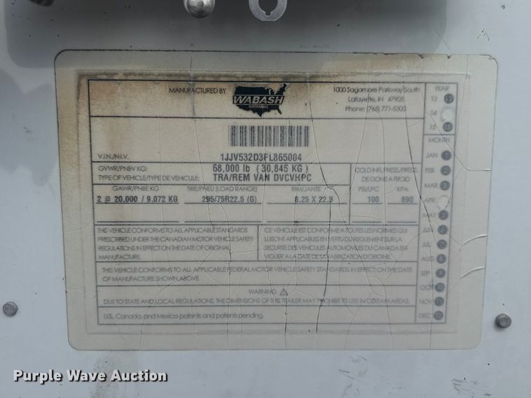 image for item EV1984 2015 Wabash   DVCVHPC dry van trailer