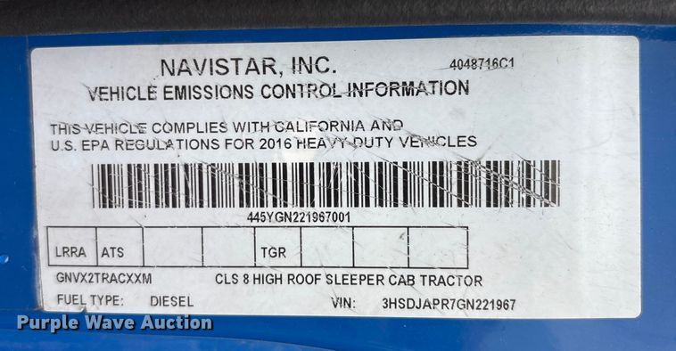 image for item YA0855 2016 International ProStar Plus 122 semi truck