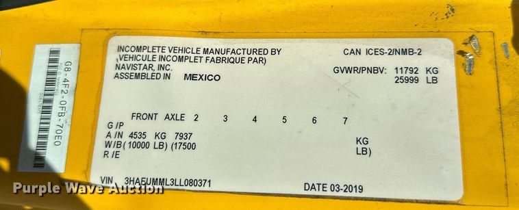 image for item YA0991 2020 International MV607 box truck