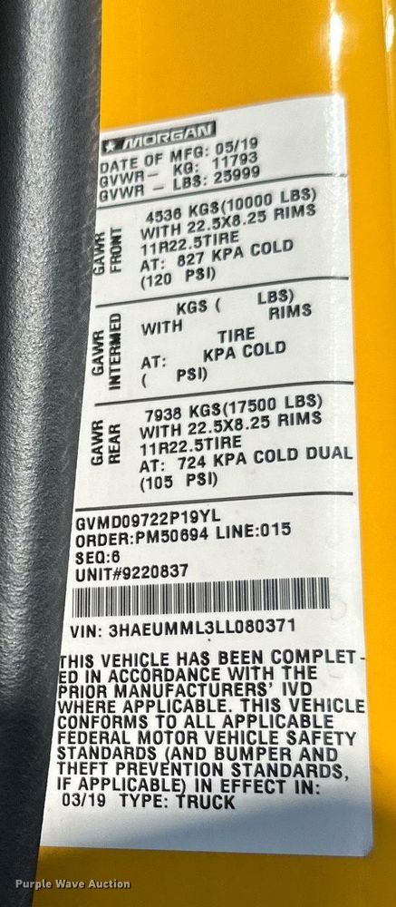 image for item YA0991 2020 International MV607 box truck