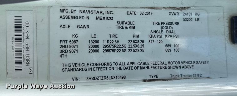 image for item YA1042 2020 International LT625 semi truck