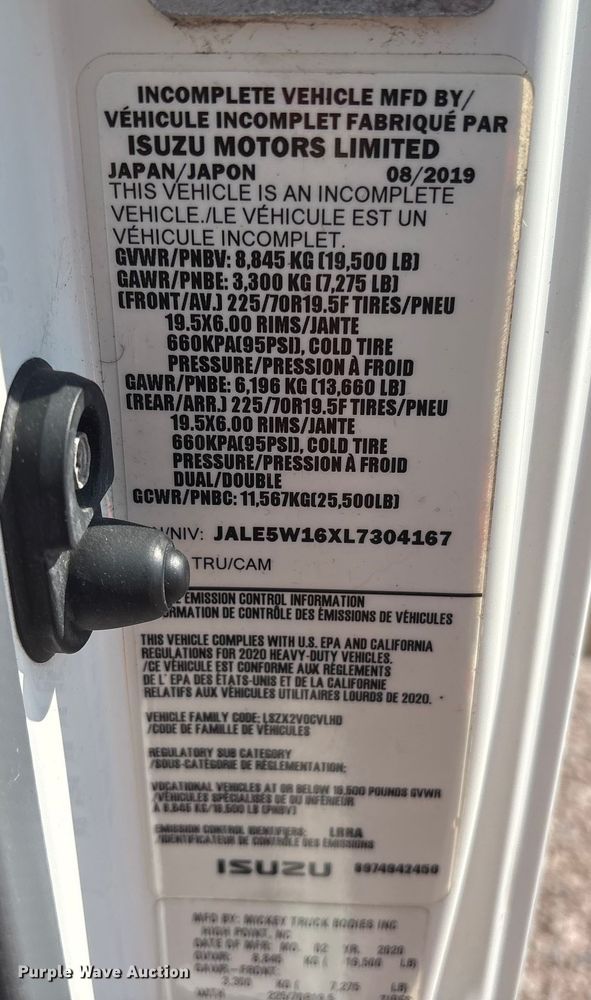 image for item YA1054 2020 Isuzu NRR box truck