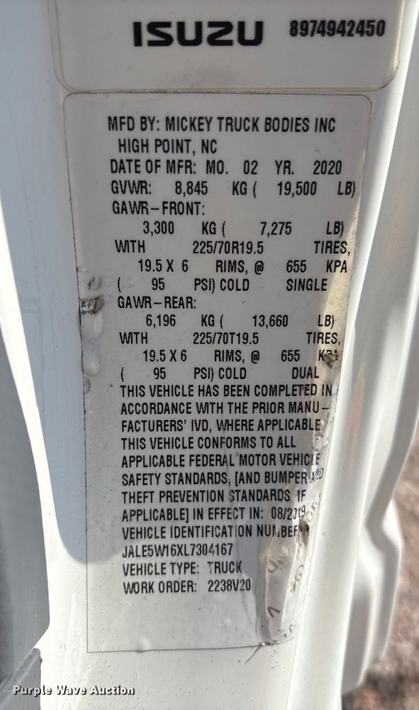 image for item YA1054 2020 Isuzu NRR box truck