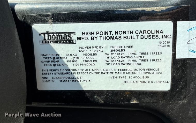 image for item DU1349 2020 Thomas Built school bus