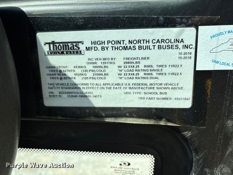 image for item DU1350 2020 Thomas Built school bus