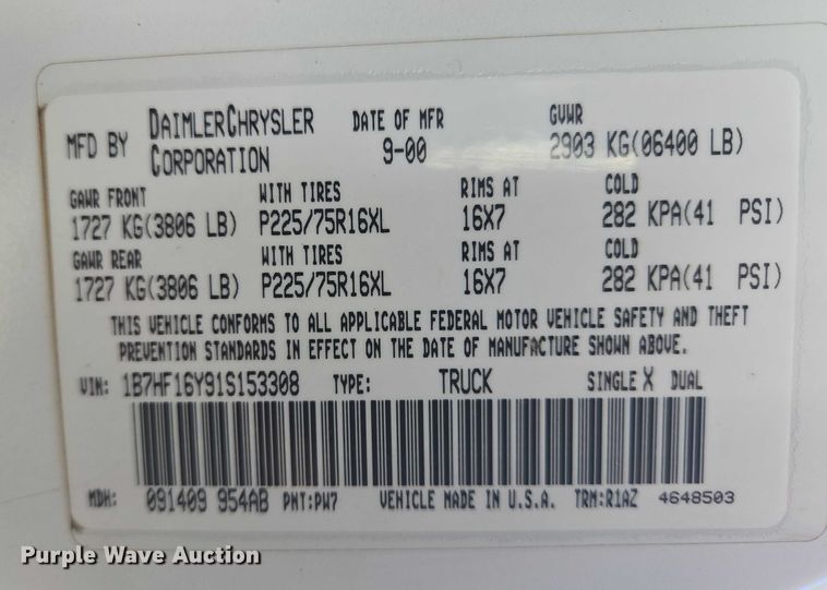 image for item DY1379 2001 Dodge Ram 1500 pickup truck