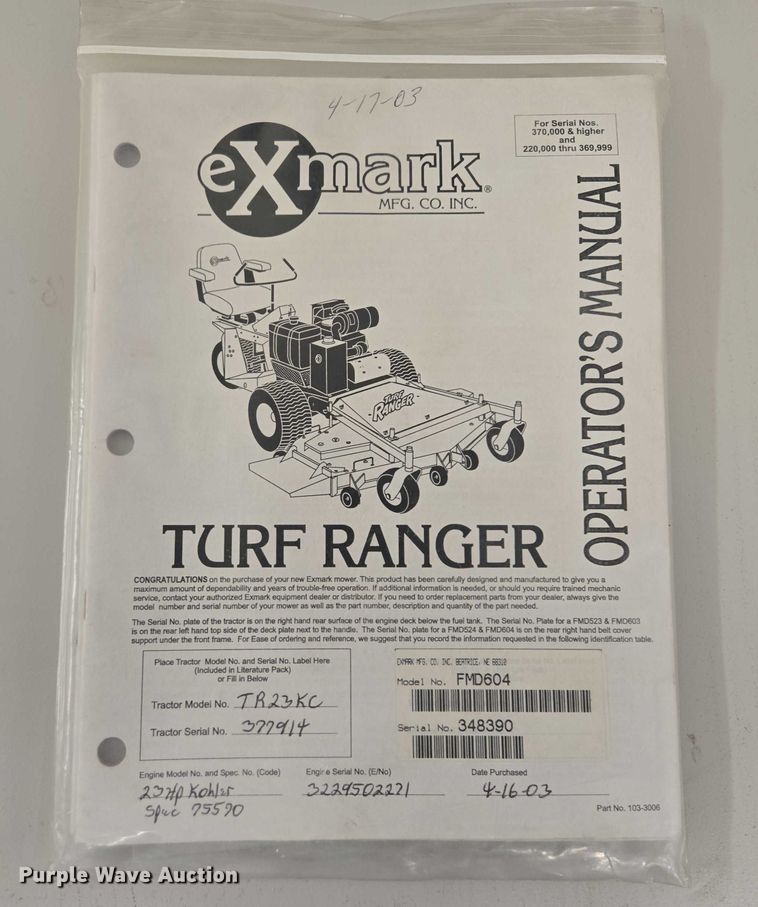 image for item DY1381 2003 EXmark Turf Ranger ZTR lawn mower