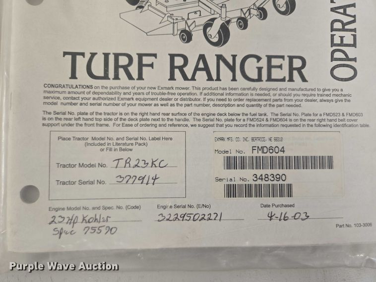 image for item DY1381 2003 EXmark Turf Ranger ZTR lawn mower