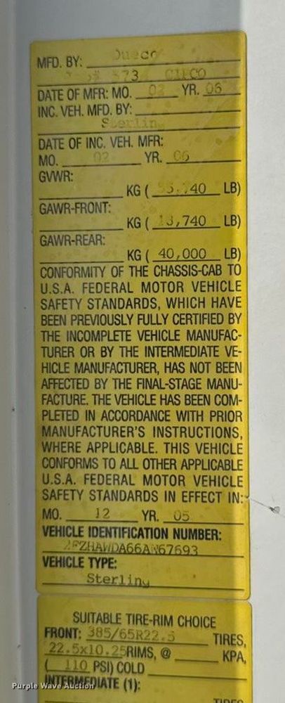 image for item EA1946 2006 Sterling L8500 digger derrick truck