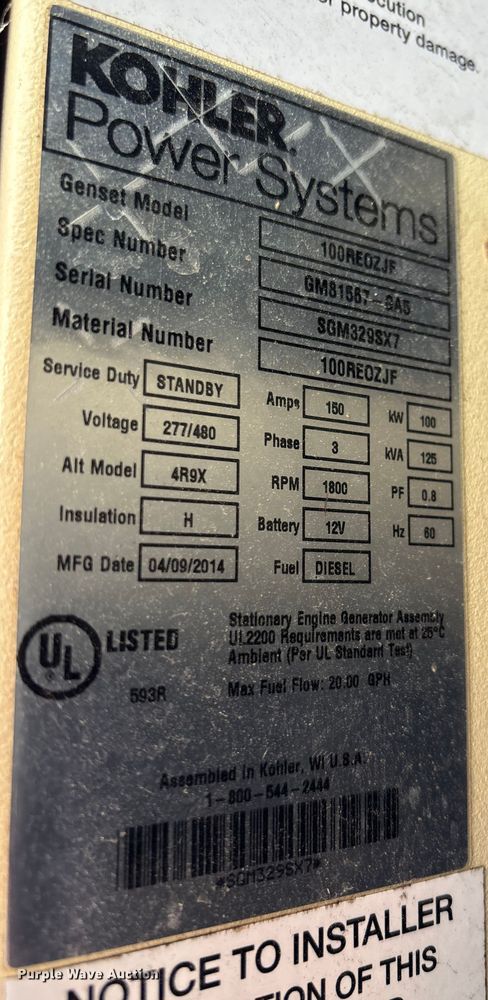 image for item EA7478 2014 Kohler Power Systems 100RE0ZJF generator