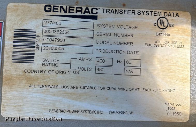 image for item EA7478 2014 Kohler Power Systems 100RE0ZJF generator