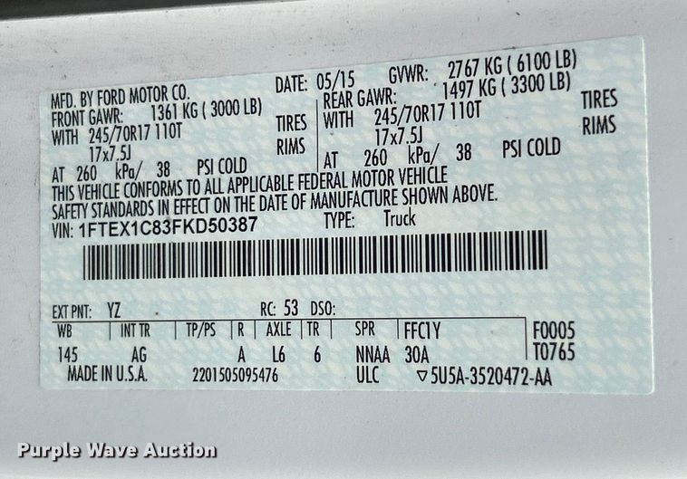 image for item ET3290 2015 Ford F150 XL SuperCab pickup truck