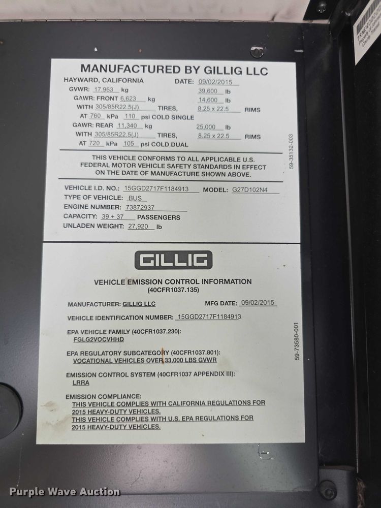 image for item FI0551 2015 Gillig  G27D102N4 shuttle bus