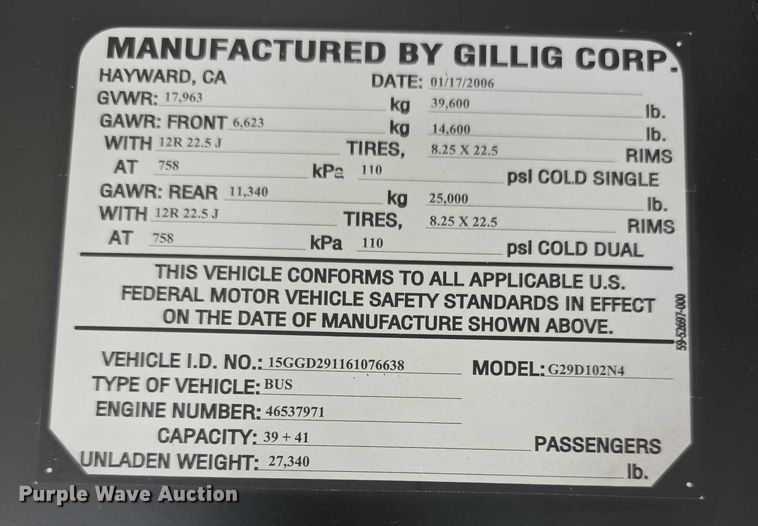 image for item FI0552 2006 Gillig  G29D102N4 coach bus