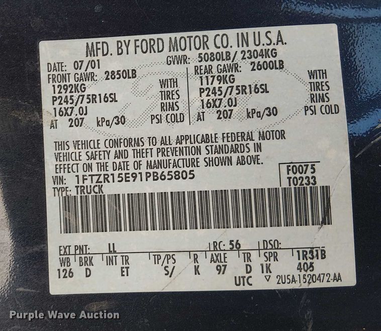 image for item DJ7835 2001 Ford Ranger pickup truck