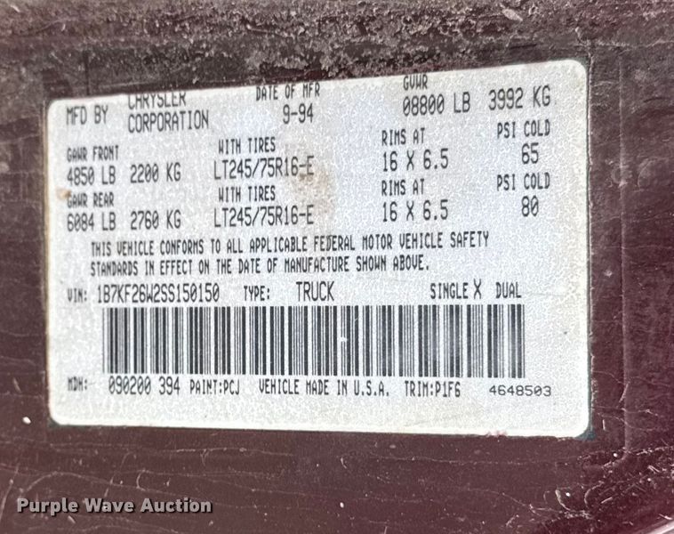 image for item DY8227 1995 Dodge Ram 2500 pickup truck cab and chassis